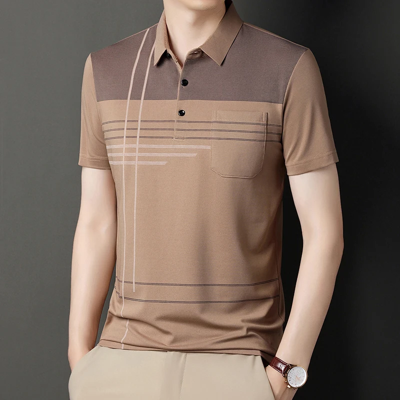 Summer New Men's Color Blocking Polo Shirt Pocket Button Up T-shirt Casual Slim Fit Comfortable Short Sleeved Breathable Top