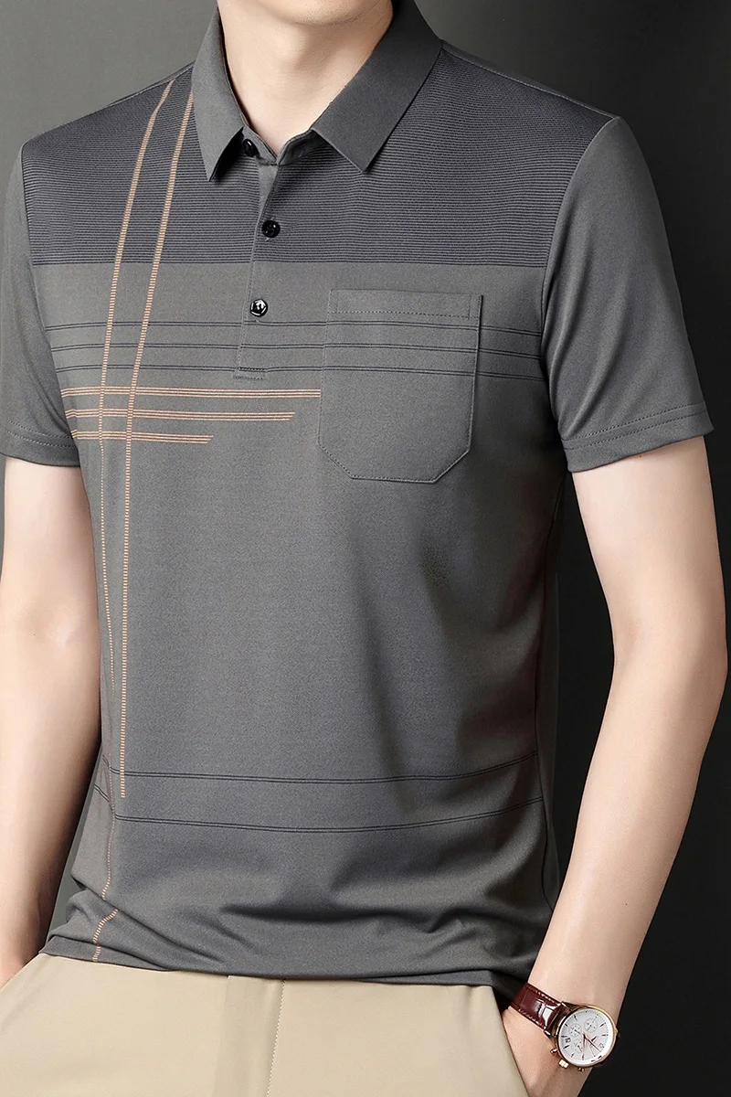 Summer New Men's Color Blocking Polo Shirt Pocket Button Up T-shirt Casual Slim Fit Comfortable Short Sleeved Breathable Top