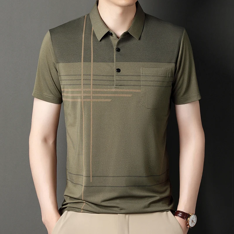Summer New Men's Color Blocking Polo Shirt Pocket Button Up T-shirt Casual Slim Fit Comfortable Short Sleeved Breathable Top