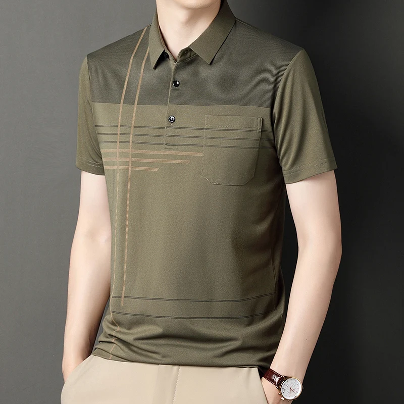 Summer New Men's Color Blocking Polo Shirt Pocket Button Up T-shirt Casual Slim Fit Comfortable Short Sleeved Breathable Top