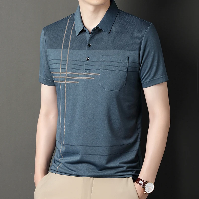 Summer New Men's Color Blocking Polo Shirt Pocket Button Up T-shirt Casual Slim Fit Comfortable Short Sleeved Breathable Top