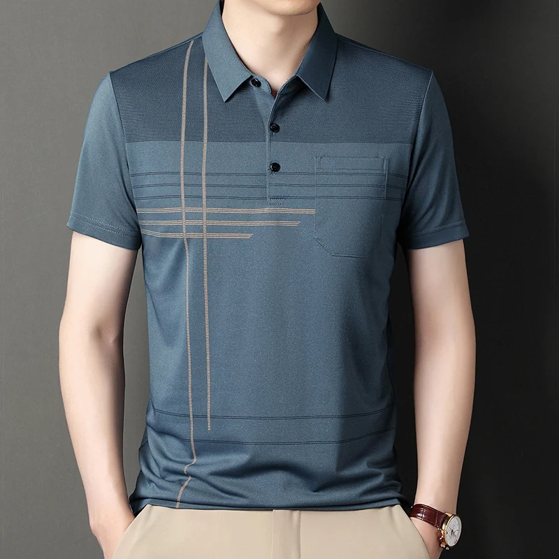 Summer New Men's Color Blocking Polo Shirt Pocket Button Up T-shirt Casual Slim Fit Comfortable Short Sleeved Breathable Top