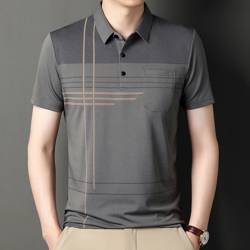 Summer New Men's Color Blocking Polo Shirt Pocket Button Up T-shirt Casual Slim Fit Comfortable Short Sleeved Breathable Top