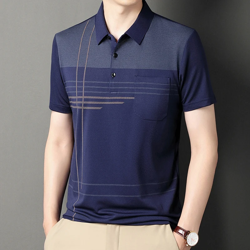Summer New Men's Color Blocking Polo Shirt Pocket Button Up T-shirt Casual Slim Fit Comfortable Short Sleeved Breathable Top