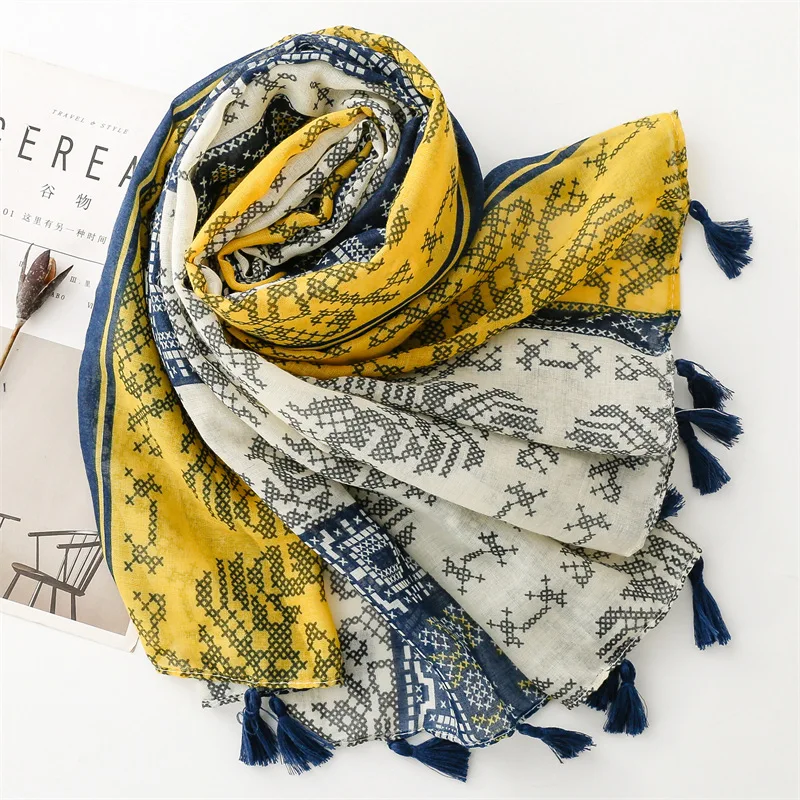 Thin Fashion Aztec Paisley Floral Tassel Viscose Shawl Scarf High Quality Wrap Pashmina Stole Bufandas Muslim Hijab 180*90Cm