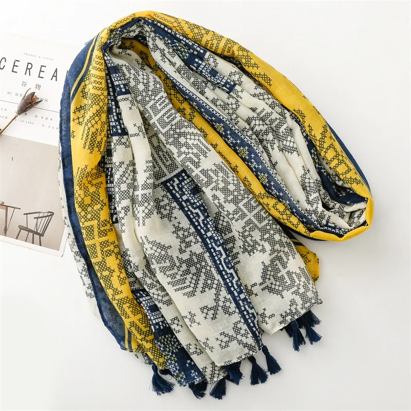 Thin Fashion Aztec Paisley Floral Tassel Viscose Shawl Scarf High Quality Wrap Pashmina Stole Bufandas Muslim Hijab 180*90Cm