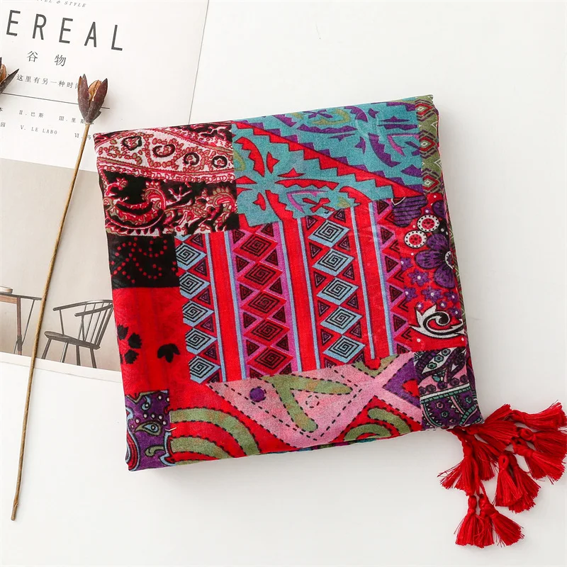 Thin Fashion Aztec Paisley Floral Tassel Viscose Shawl Scarf High Quality Wrap Pashmina Stole Bufandas Muslim Hijab 180*90Cm