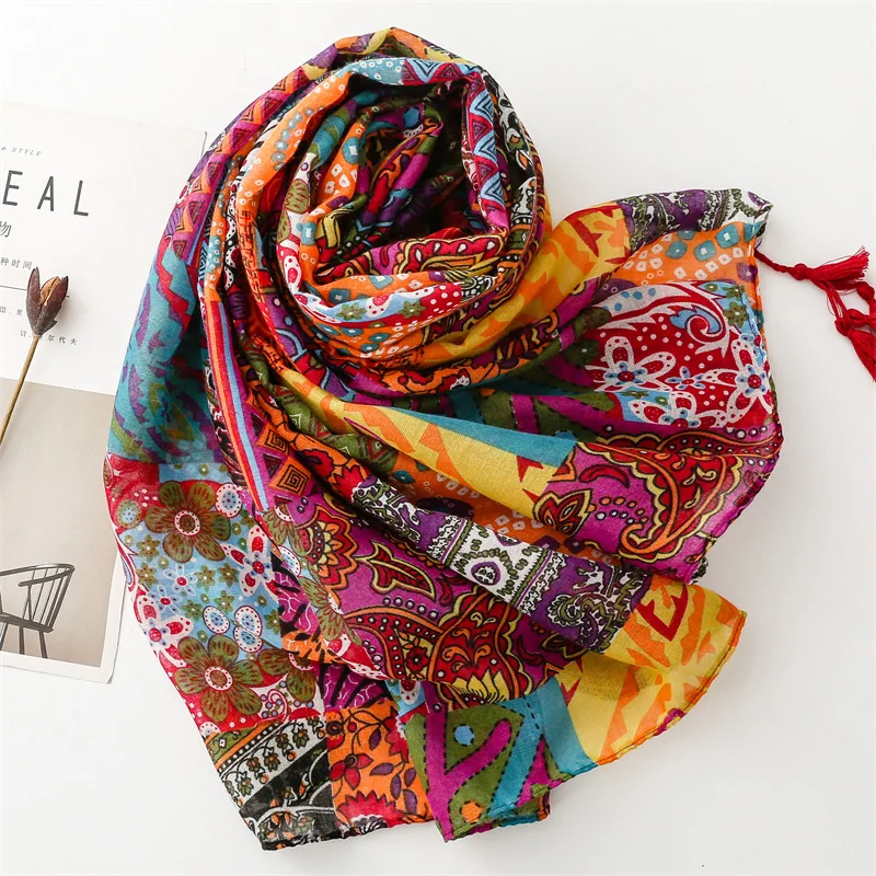 Thin Fashion Aztec Paisley Floral Tassel Viscose Shawl Scarf High Quality Wrap Pashmina Stole Bufandas Muslim Hijab 180*90Cm