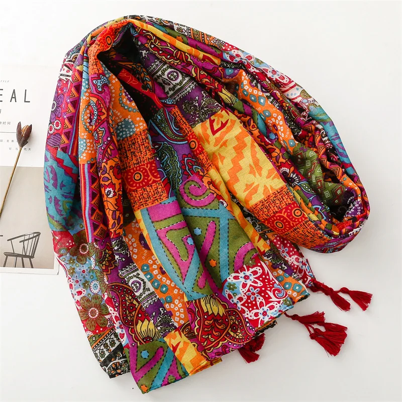 Thin Fashion Aztec Paisley Floral Tassel Viscose Shawl Scarf High Quality Wrap Pashmina Stole Bufandas Muslim Hijab 180*90Cm