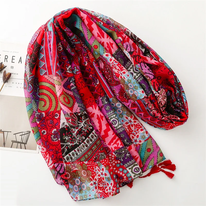 Thin Fashion Aztec Paisley Floral Tassel Viscose Shawl Scarf High Quality Wrap Pashmina Stole Bufandas Muslim Hijab 180*90Cm