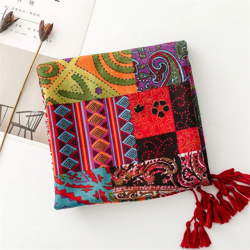 Thin Fashion Aztec Paisley Floral Tassel Viscose Shawl Scarf High Quality Wrap Pashmina Stole Bufandas Muslim Hijab 180*90Cm