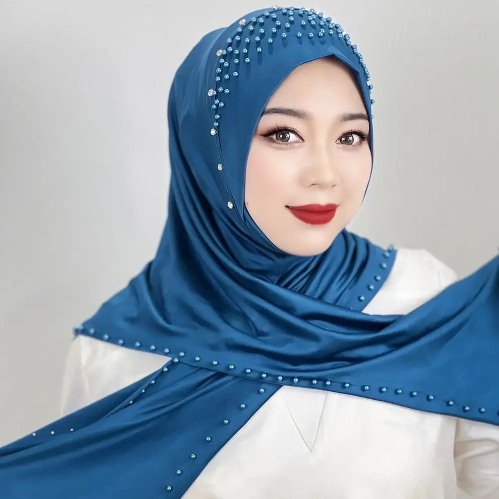Comfortable Beaded Muslim Hijab Solid Color Full Cover Turkish Head Wrap Scarf Elastic Veil Arabic Hijab Hats Woman Comfortable Beaded Muslim Hijab Solid Color Full Cover Turkish Head Wrap Scarf Elastic Veil Arabic Hijab Hats Woman