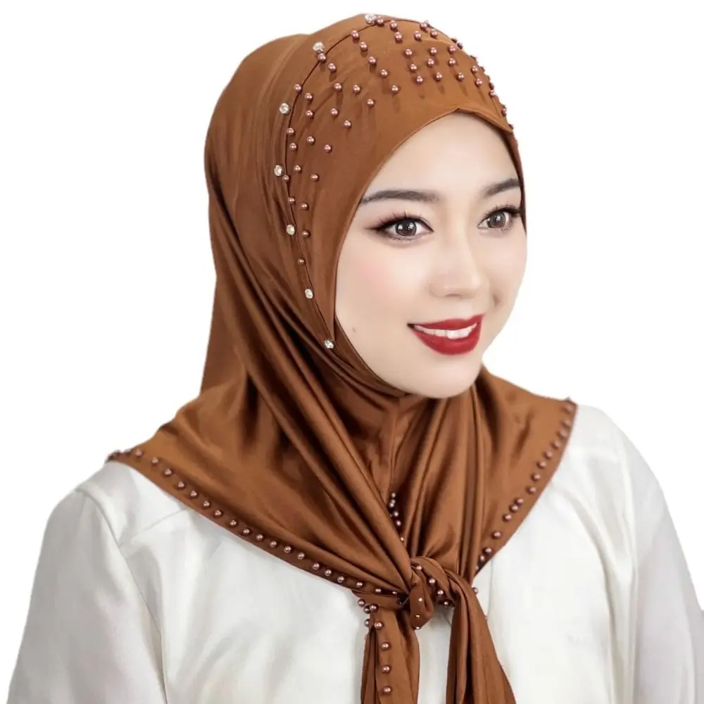 Comfortable Beaded Muslim Hijab Solid Color Full Cover Turkish Head Wrap Scarf Elastic Veil Arabic Hijab Hats Woman Comfortable Beaded Muslim Hijab Solid Color Full Cover Turkish Head Wrap Scarf Elastic Veil Arabic Hijab Hats Woman