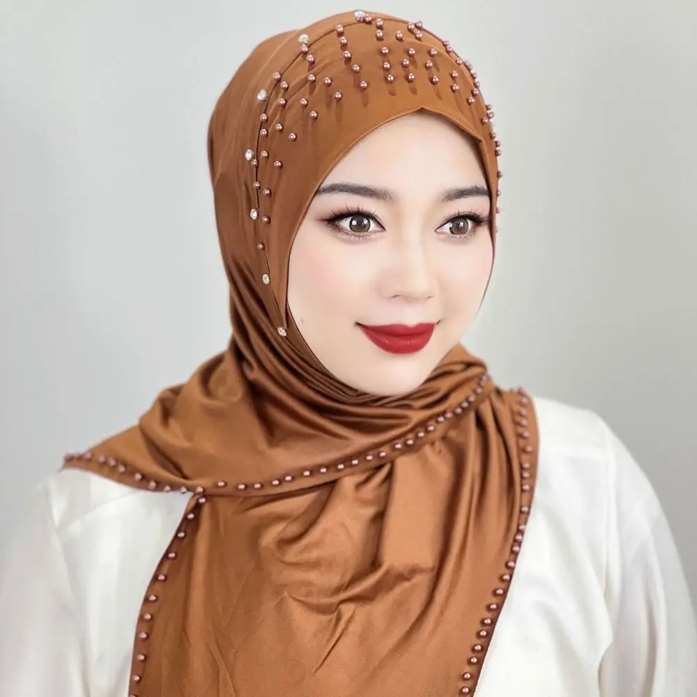 Comfortable Beaded Muslim Hijab Solid Color Full Cover Turkish Head Wrap Scarf Elastic Veil Arabic Hijab Hats Woman Comfortable Beaded Muslim Hijab Solid Color Full Cover Turkish Head Wrap Scarf Elastic Veil Arabic Hijab Hats Woman