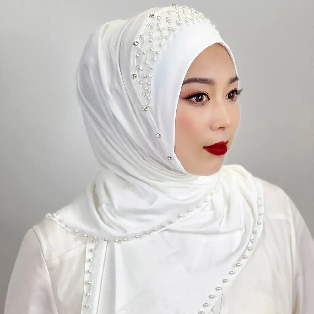 Comfortable Beaded Muslim Hijab Solid Color Full Cover Turkish Head Wrap Scarf Elastic Veil Arabic Hijab Hats Woman Comfortable Beaded Muslim Hijab Solid Color Full Cover Turkish Head Wrap Scarf Elastic Veil Arabic Hijab Hats Woman