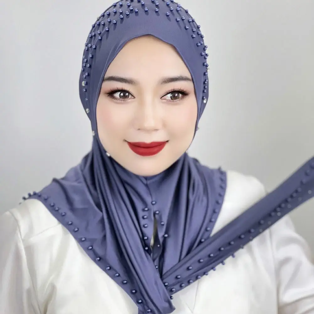 Comfortable Beaded Muslim Hijab Solid Color Full Cover Turkish Head Wrap Scarf Elastic Veil Arabic Hijab Hats Woman Comfortable Beaded Muslim Hijab Solid Color Full Cover Turkish Head Wrap Scarf Elastic Veil Arabic Hijab Hats Woman