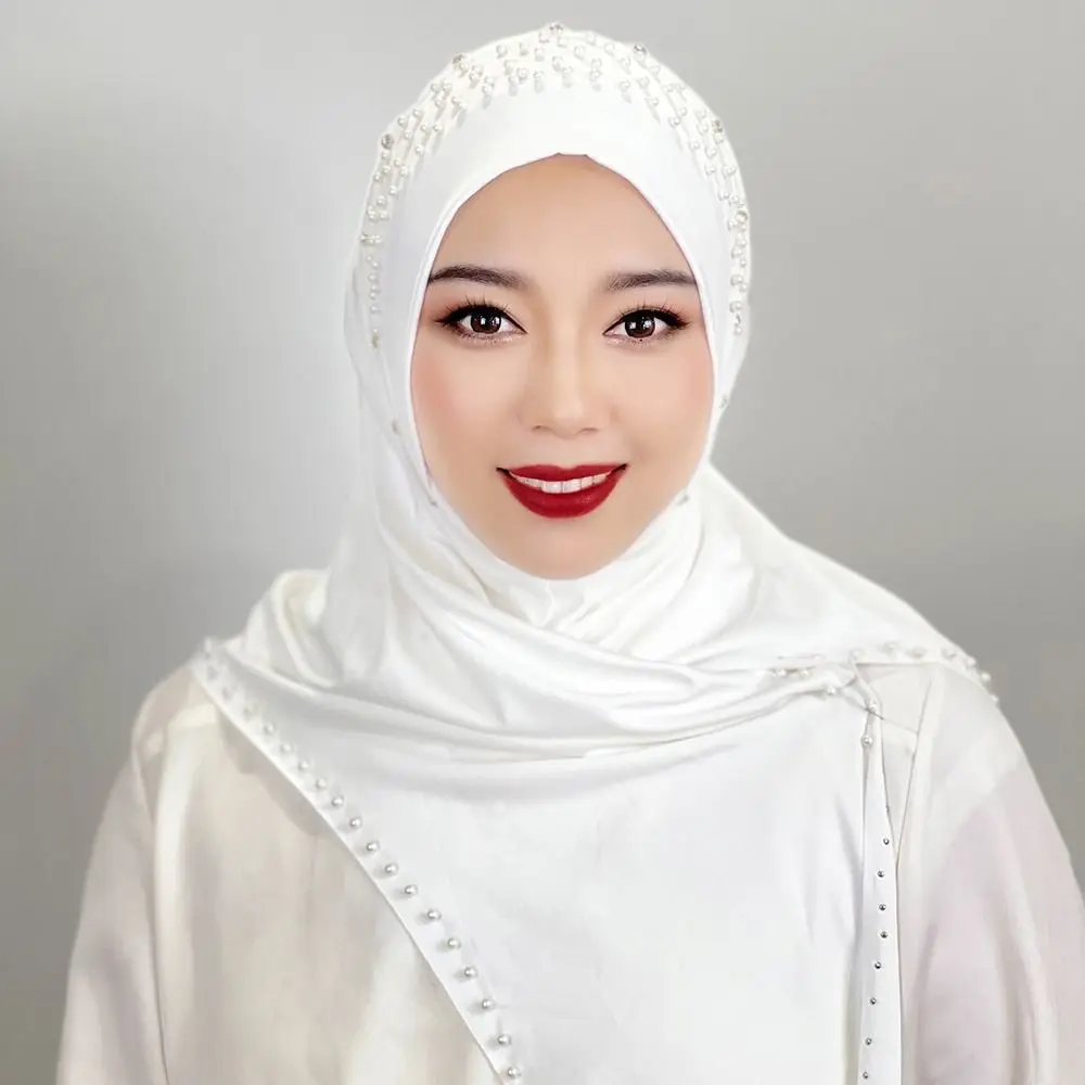 Comfortable Beaded Muslim Hijab Solid Color Full Cover Turkish Head Wrap Scarf Elastic Veil Arabic Hijab Hats Woman Comfortable Beaded Muslim Hijab Solid Color Full Cover Turkish Head Wrap Scarf Elastic Veil Arabic Hijab Hats Woman