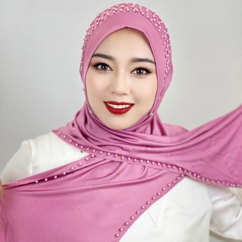Comfortable Beaded Muslim Hijab Solid Color Full Cover Turkish Head Wrap Scarf Elastic Veil Arabic Hijab Hats Woman Comfortable Beaded Muslim Hijab Solid Color Full Cover Turkish Head Wrap Scarf Elastic Veil Arabic Hijab Hats Woman