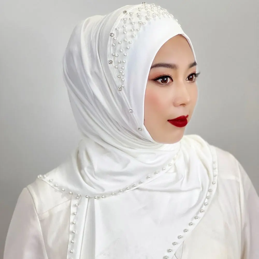 Comfortable Beaded Muslim Hijab Solid Color Full Cover Turkish Head Wrap Scarf Elastic Veil Arabic Hijab Hats Woman Comfortable Beaded Muslim Hijab Solid Color Full Cover Turkish Head Wrap Scarf Elastic Veil Arabic Hijab Hats Woman