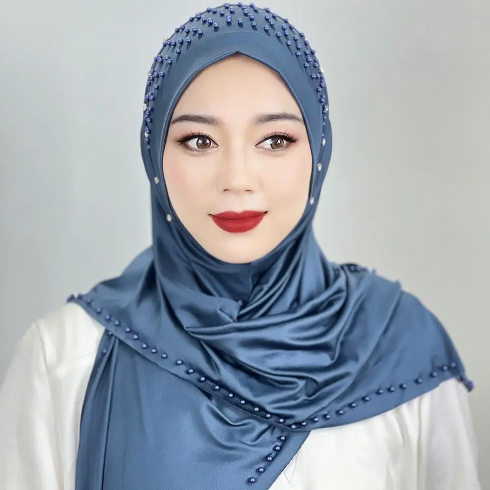 Comfortable Beaded Muslim Hijab Solid Color Full Cover Turkish Head Wrap Scarf Elastic Veil Arabic Hijab Hats Woman Comfortable Beaded Muslim Hijab Solid Color Full Cover Turkish Head Wrap Scarf Elastic Veil Arabic Hijab Hats Woman