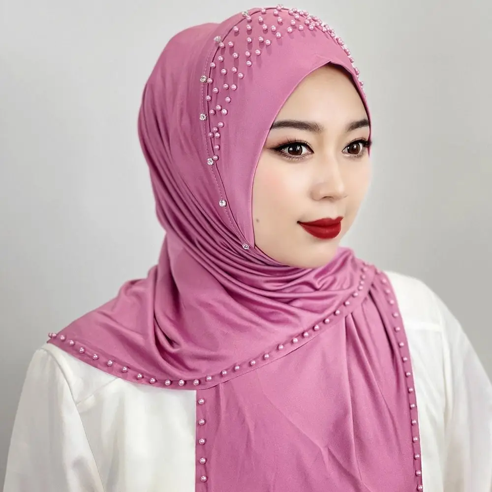 Comfortable Beaded Muslim Hijab Solid Color Full Cover Turkish Head Wrap Scarf Elastic Veil Arabic Hijab Hats Woman Comfortable Beaded Muslim Hijab Solid Color Full Cover Turkish Head Wrap Scarf Elastic Veil Arabic Hijab Hats Woman