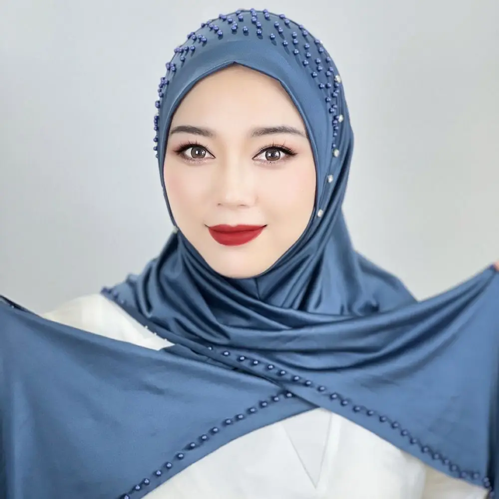 Comfortable Beaded Muslim Hijab Solid Color Full Cover Turkish Head Wrap Scarf Elastic Veil Arabic Hijab Hats Woman Comfortable Beaded Muslim Hijab Solid Color Full Cover Turkish Head Wrap Scarf Elastic Veil Arabic Hijab Hats Woman