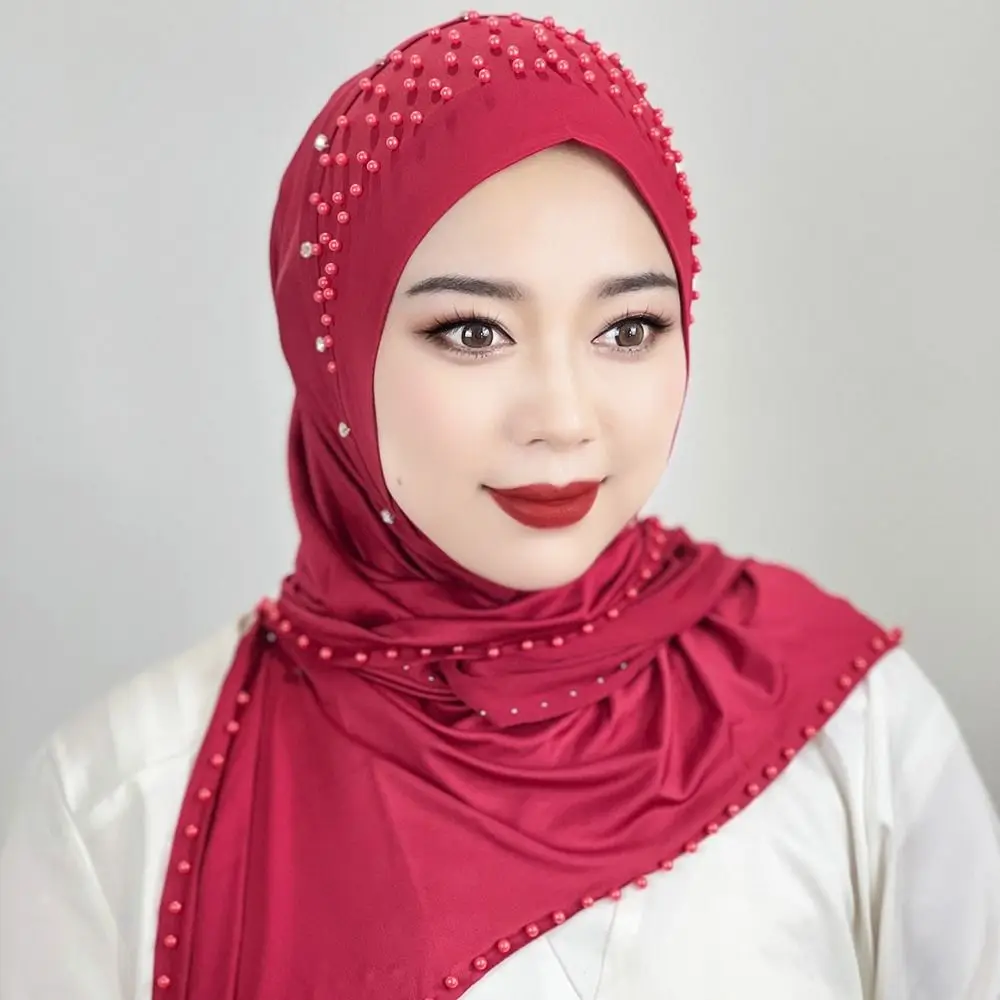 Comfortable Beaded Muslim Hijab Solid Color Full Cover Turkish Head Wrap Scarf Elastic Veil Arabic Hijab Hats Woman Comfortable Beaded Muslim Hijab Solid Color Full Cover Turkish Head Wrap Scarf Elastic Veil Arabic Hijab Hats Woman