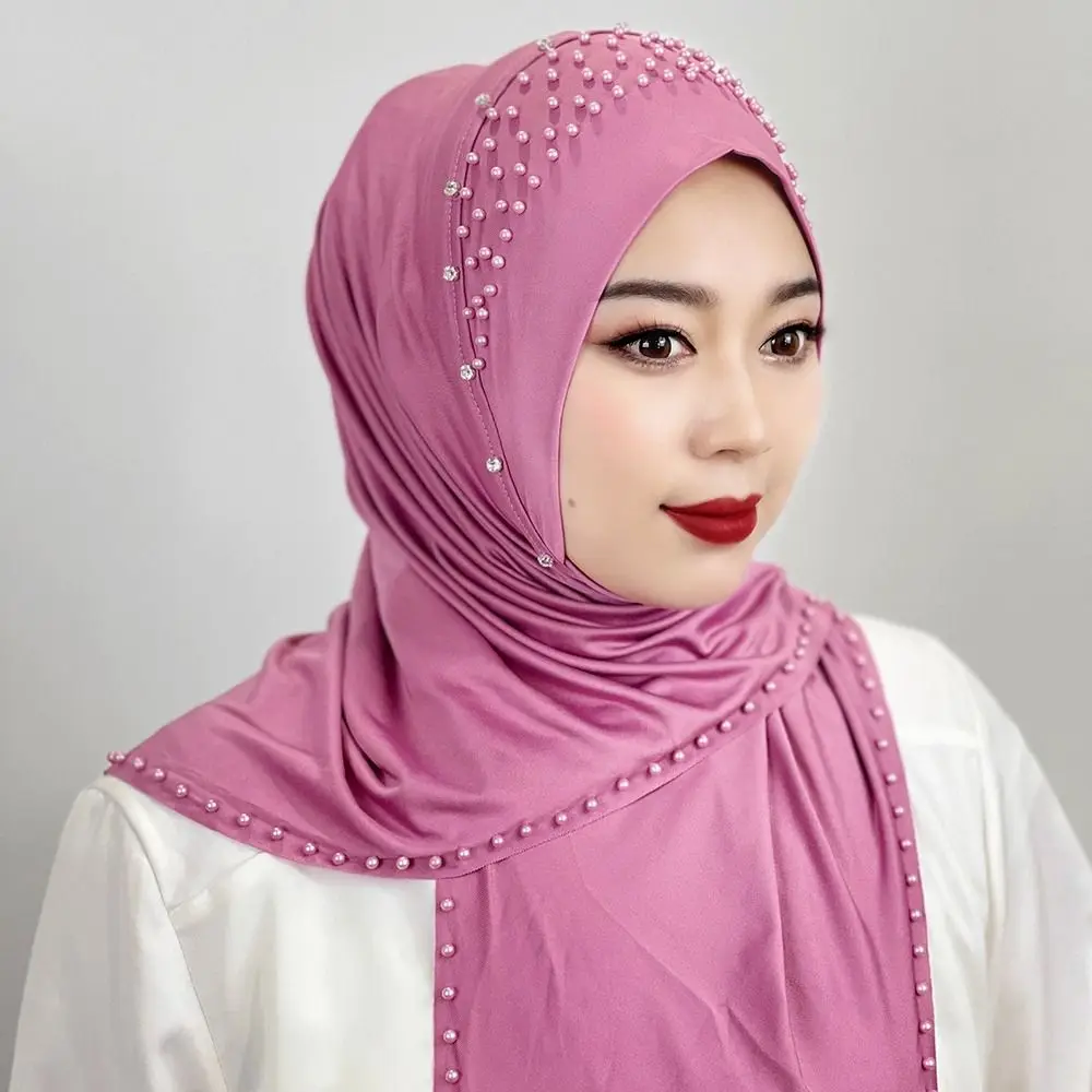 Comfortable Beaded Muslim Hijab Solid Color Full Cover Turkish Head Wrap Scarf Elastic Veil Arabic Hijab Hats Woman Comfortable Beaded Muslim Hijab Solid Color Full Cover Turkish Head Wrap Scarf Elastic Veil Arabic Hijab Hats Woman