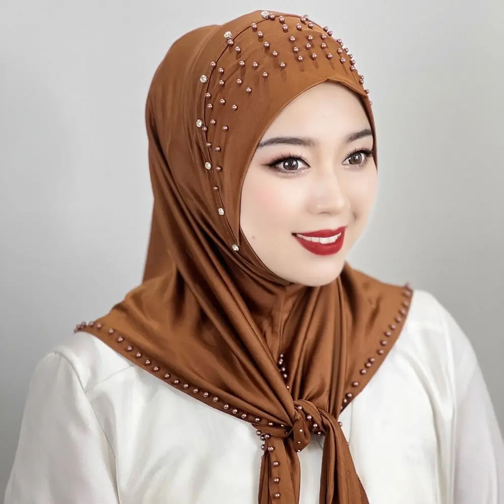 Comfortable Beaded Muslim Hijab Solid Color Full Cover Turkish Head Wrap Scarf Elastic Veil Arabic Hijab Hats Woman Comfortable Beaded Muslim Hijab Solid Color Full Cover Turkish Head Wrap Scarf Elastic Veil Arabic Hijab Hats Woman