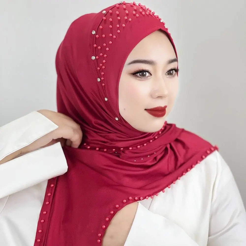 Comfortable Beaded Muslim Hijab Solid Color Full Cover Turkish Head Wrap Scarf Elastic Veil Arabic Hijab Hats Woman Comfortable Beaded Muslim Hijab Solid Color Full Cover Turkish Head Wrap Scarf Elastic Veil Arabic Hijab Hats Woman