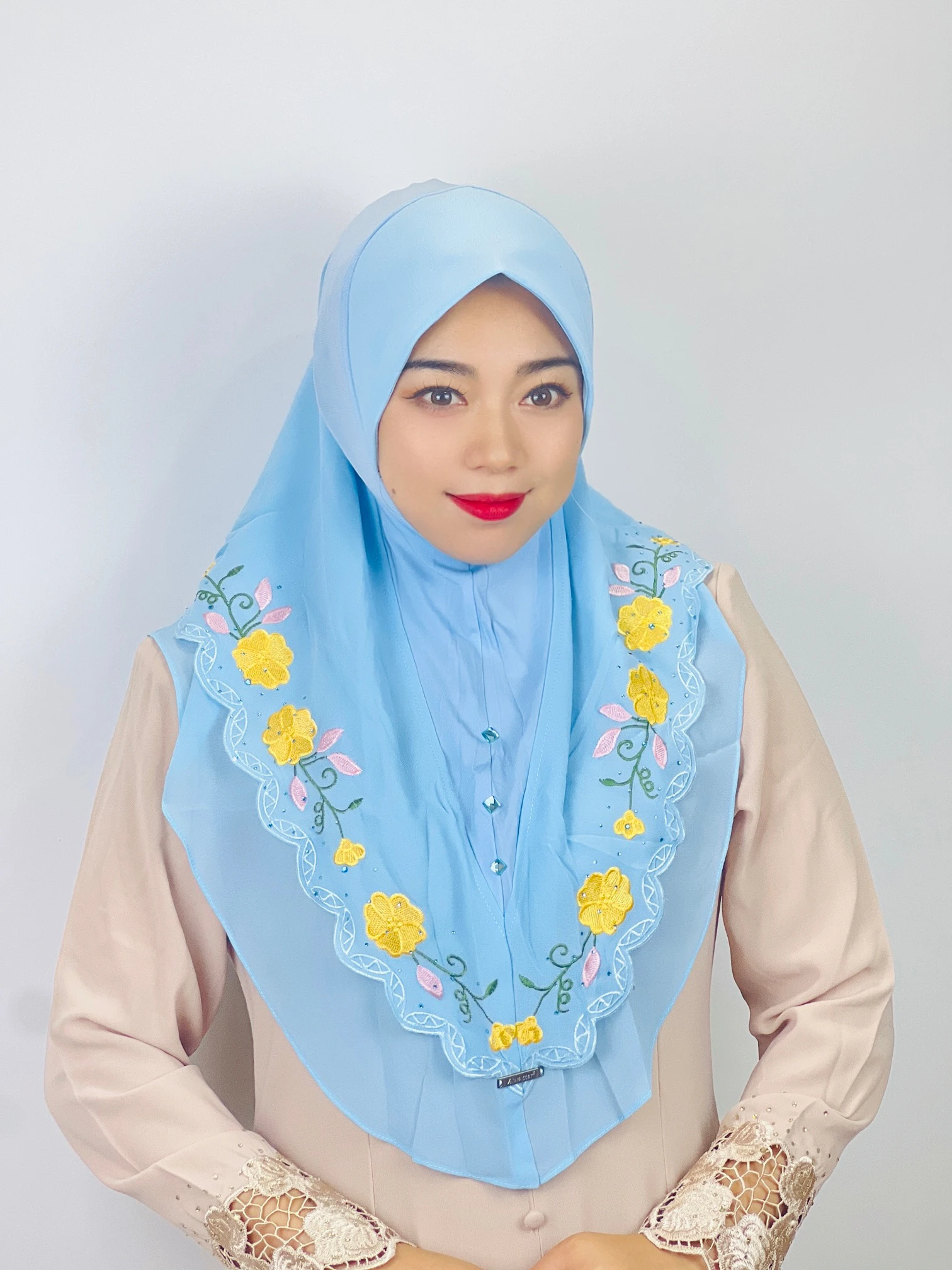 Middle Eastern Turban Double Layer Floral Ethnic Muslim Hijab MultiColor Chiffon Heavy Industry Embroidered Lace Scarf For Women