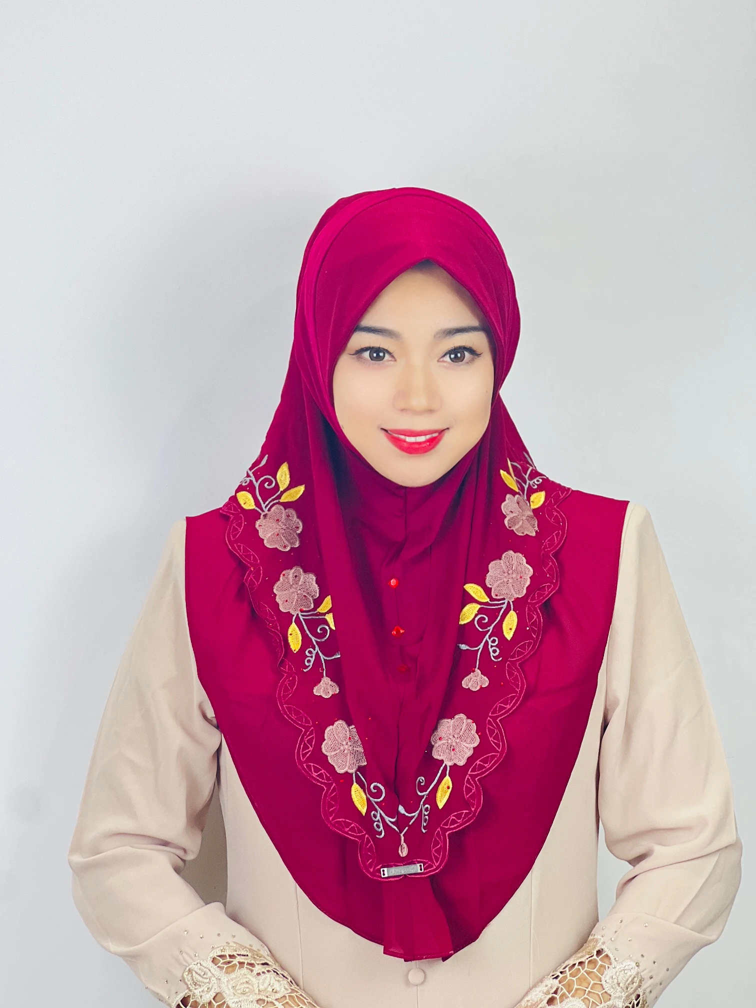 Middle Eastern Turban Double Layer Floral Ethnic Muslim Hijab MultiColor Chiffon Heavy Industry Embroidered Lace Scarf For Women
