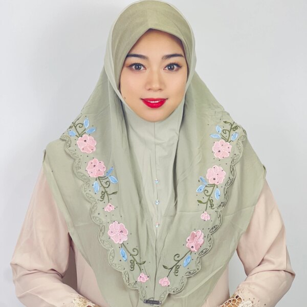 Middle Eastern Turban Double Layer Floral Ethnic Muslim Hijab MultiColor Chiffon Heavy Industry Embroidered Lace Scarf For Women