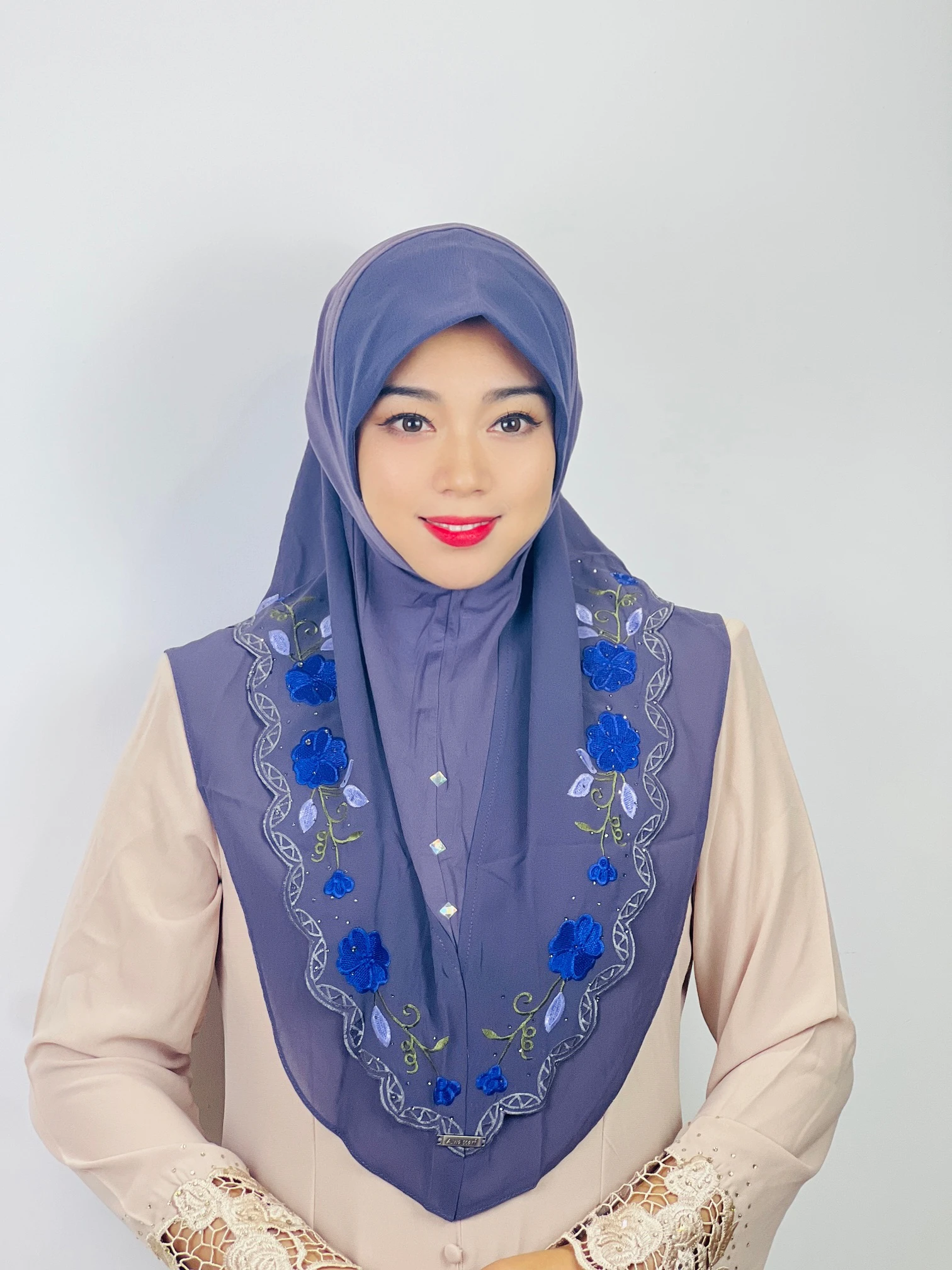 Middle Eastern Turban Double Layer Floral Ethnic Muslim Hijab MultiColor Chiffon Heavy Industry Embroidered Lace Scarf For Women