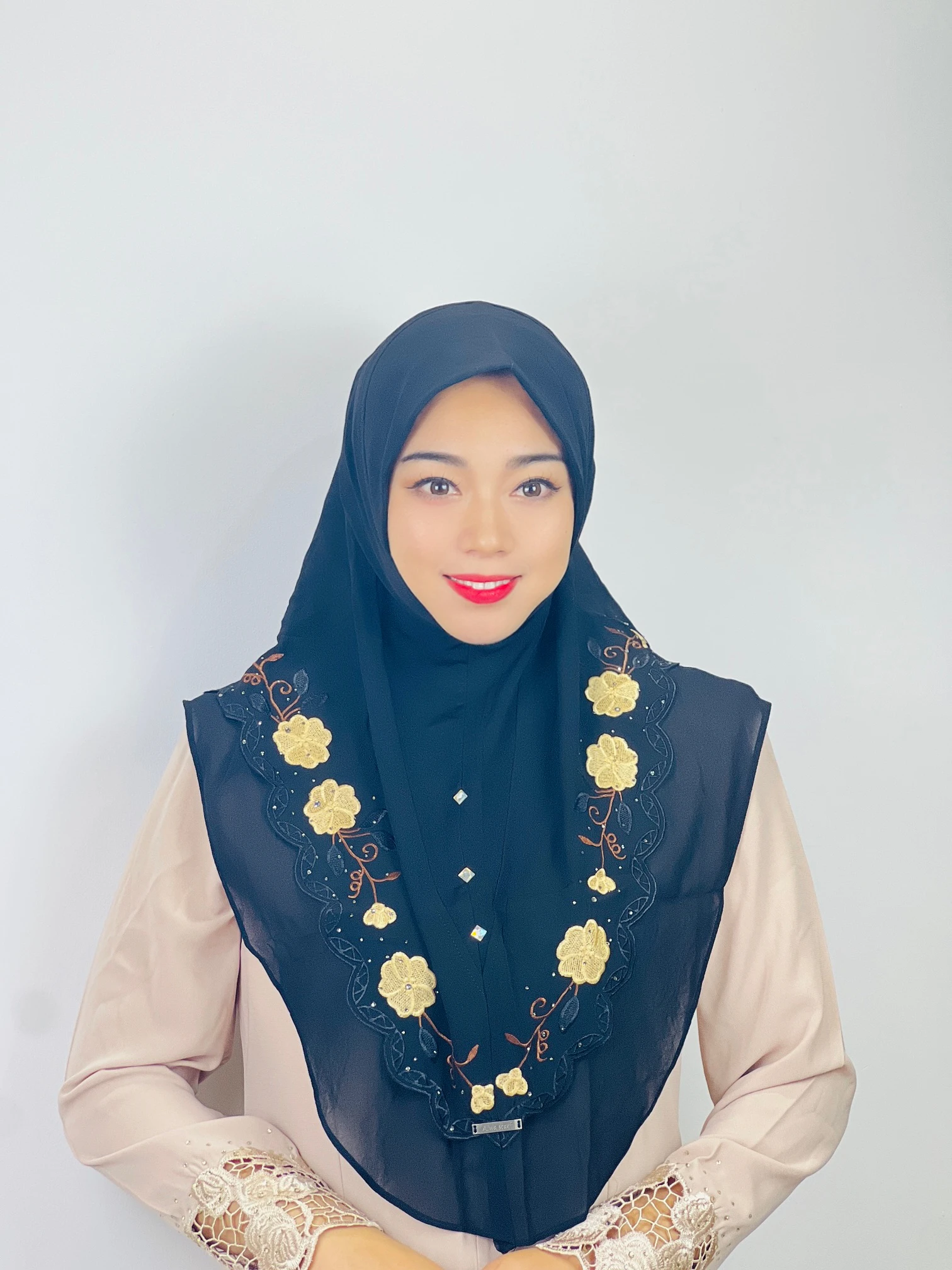 Middle Eastern Turban Double Layer Floral Ethnic Muslim Hijab MultiColor Chiffon Heavy Industry Embroidered Lace Scarf For Women