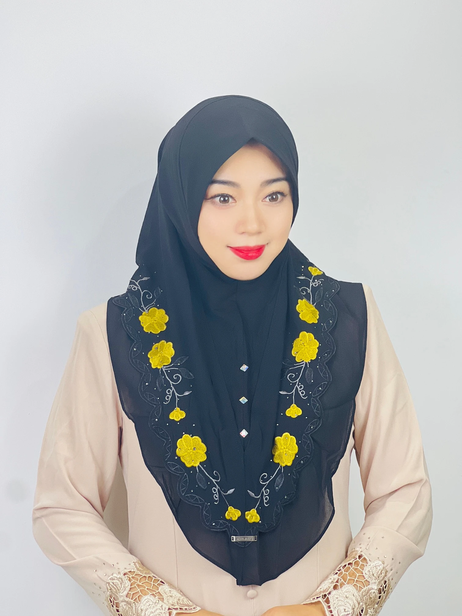 Middle Eastern Turban Double Layer Floral Ethnic Muslim Hijab MultiColor Chiffon Heavy Industry Embroidered Lace Scarf For Women