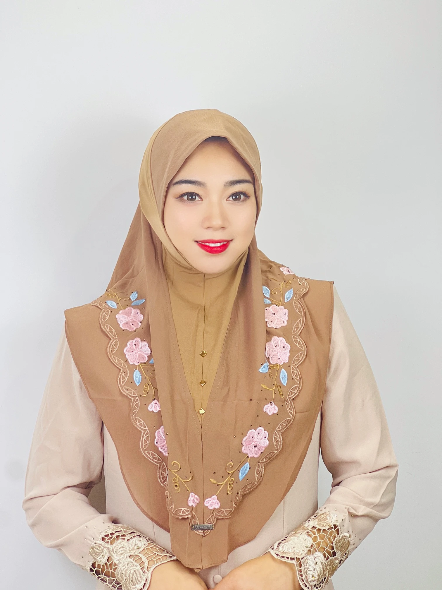 Middle Eastern Turban Double Layer Floral Ethnic Muslim Hijab MultiColor Chiffon Heavy Industry Embroidered Lace Scarf For Women