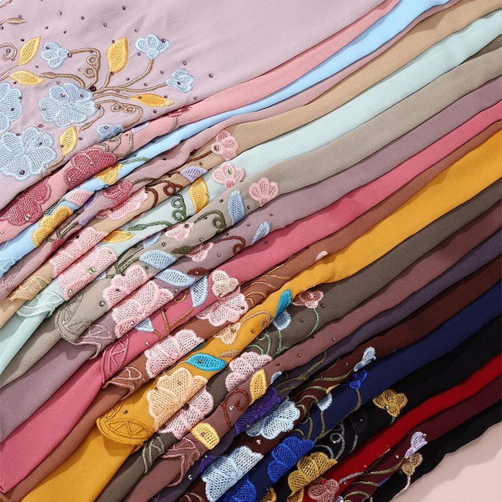 Middle Eastern Turban Double Layer Floral Ethnic Muslim Hijab MultiColor Chiffon Heavy Industry Embroidered Lace Scarf For Women