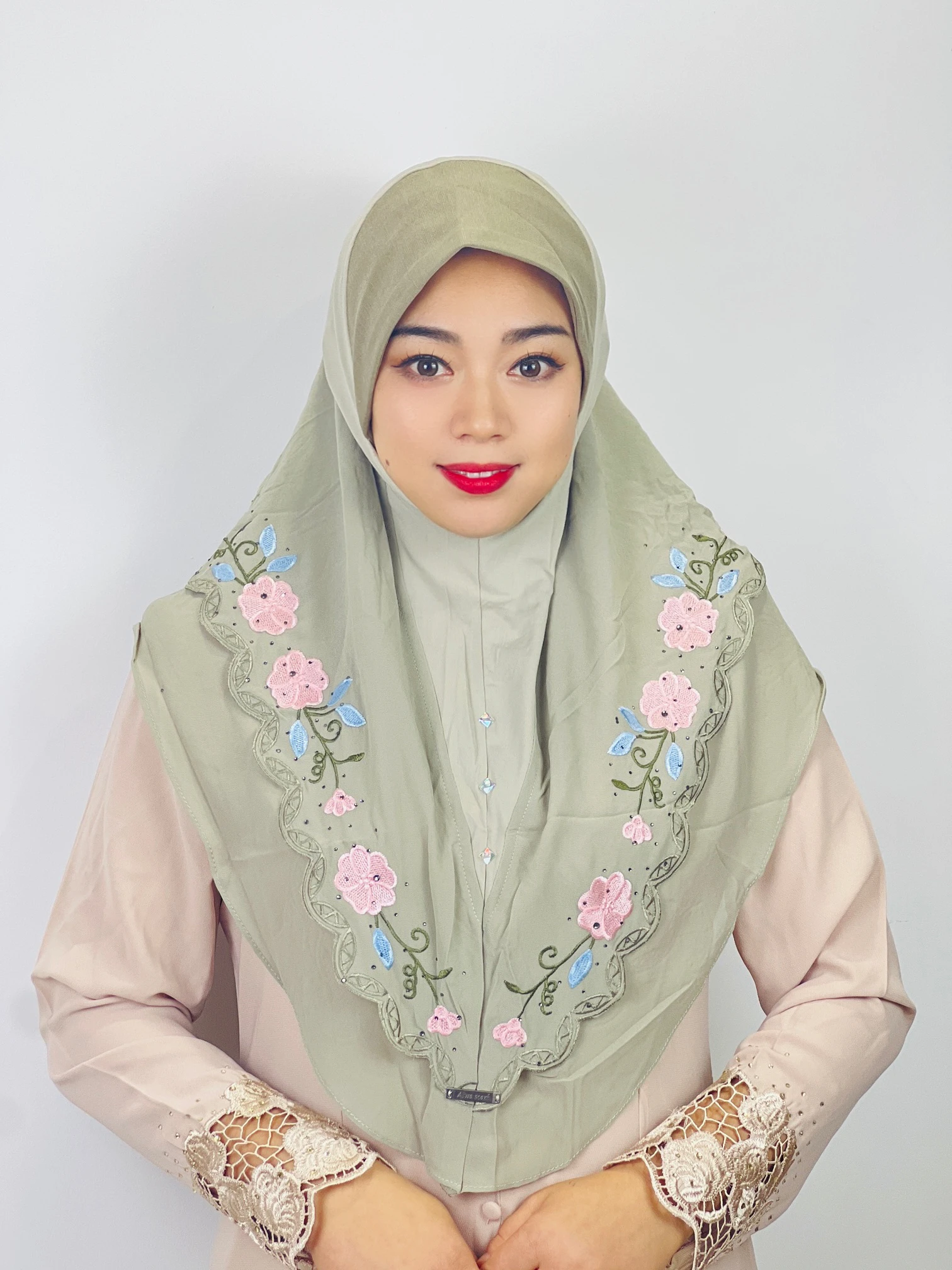 Middle Eastern Turban Double Layer Floral Ethnic Muslim Hijab MultiColor Chiffon Heavy Industry Embroidered Lace Scarf For Women