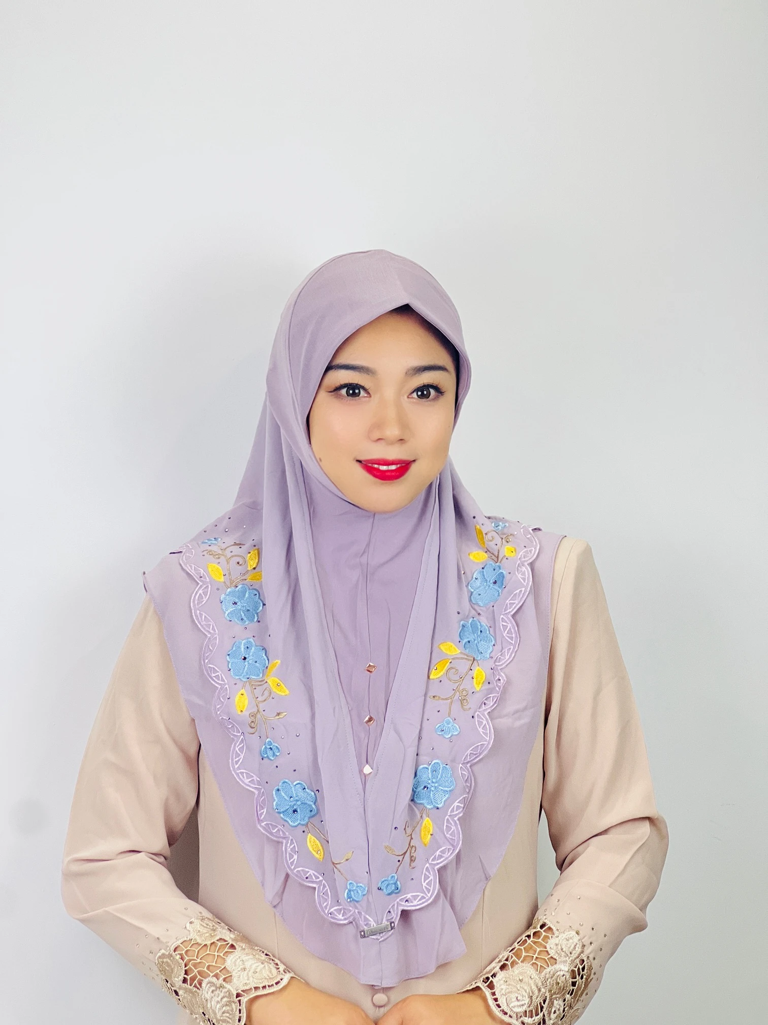 Middle Eastern Turban Double Layer Floral Ethnic Muslim Hijab MultiColor Chiffon Heavy Industry Embroidered Lace Scarf For Women