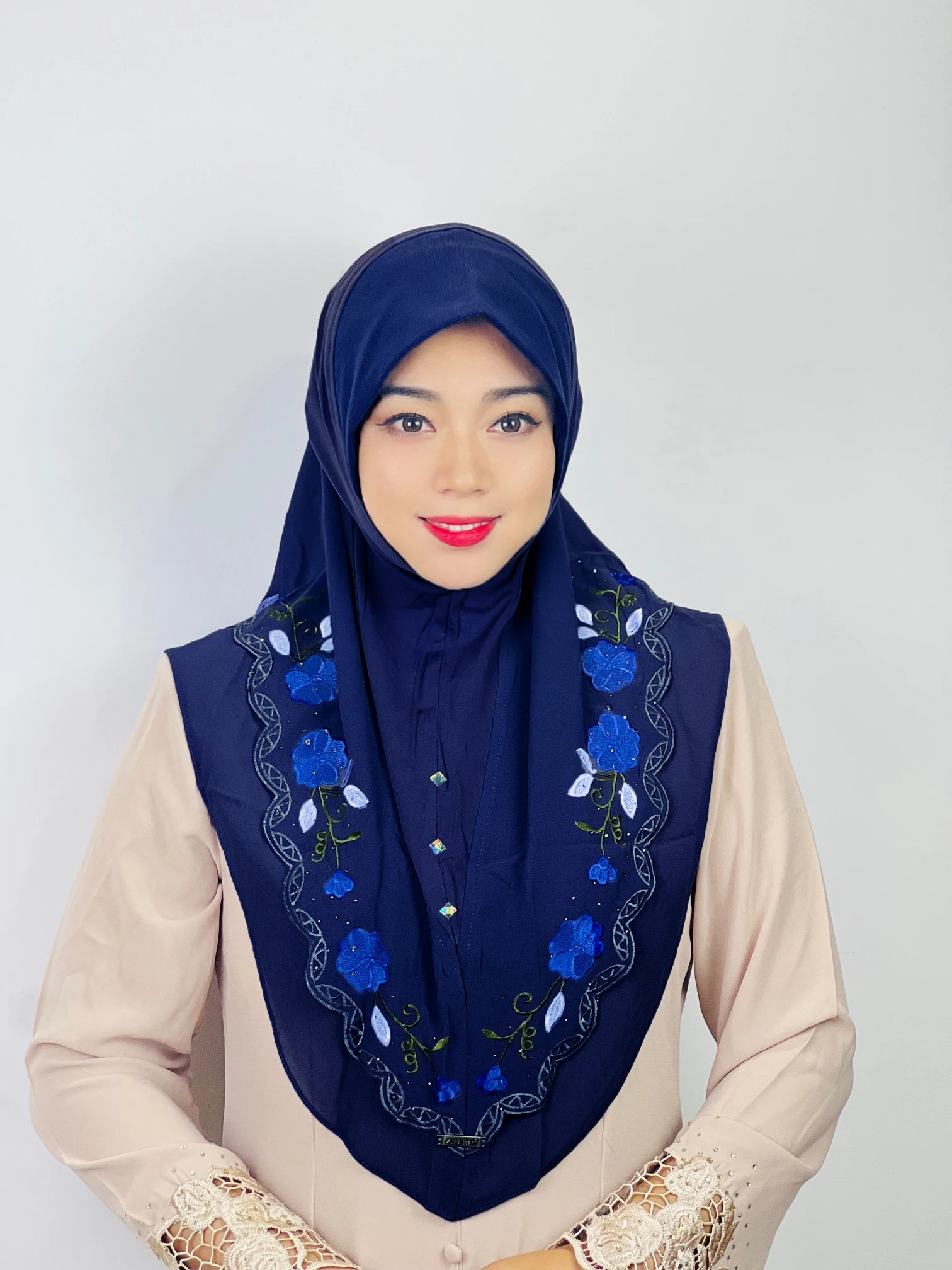Middle Eastern Turban Double Layer Floral Ethnic Muslim Hijab MultiColor Chiffon Heavy Industry Embroidered Lace Scarf For Women
