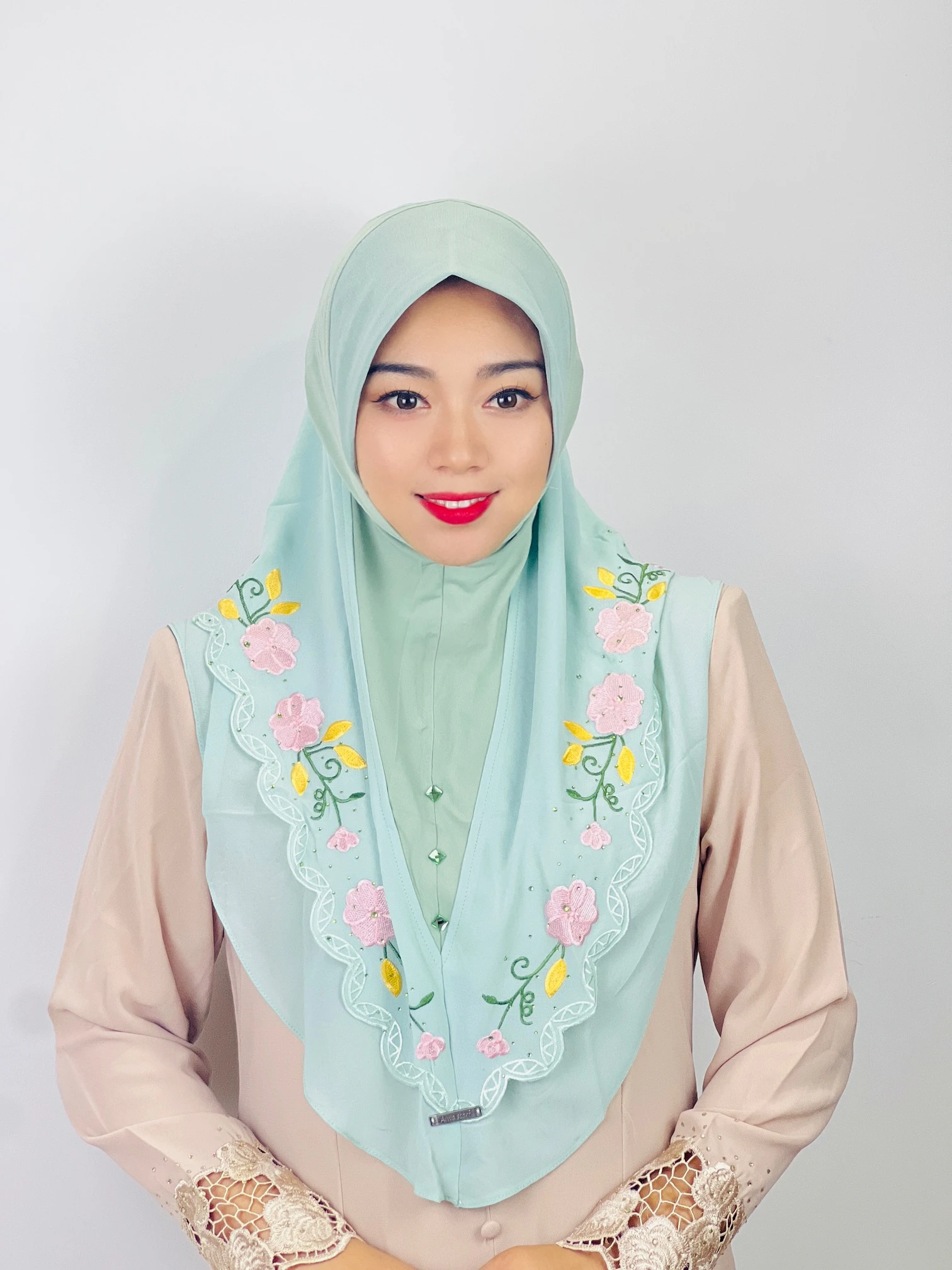 Middle Eastern Turban Double Layer Floral Ethnic Muslim Hijab MultiColor Chiffon Heavy Industry Embroidered Lace Scarf For Women