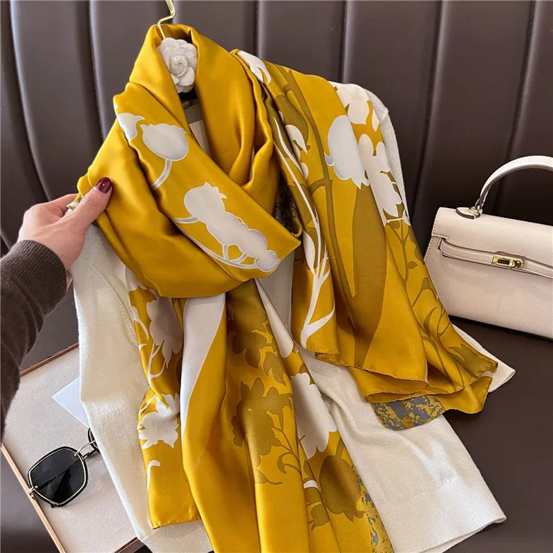 2022 Fashion Brand Women Silk Scarf Luxury Dark Green Aztec Floral Pashmina Shawls Wrap Soft Foulard Femme Muslim Hijab 180*90Cm