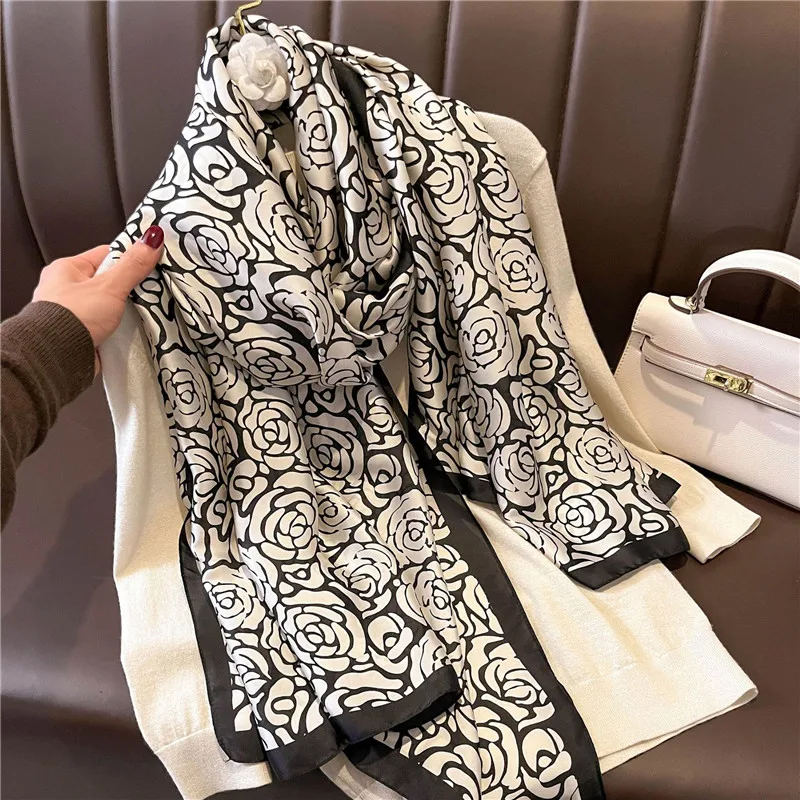 2022 Fashion Brand Women Silk Scarf Luxury Dark Green Aztec Floral Pashmina Shawls Wrap Soft Foulard Femme Muslim Hijab 180*90Cm