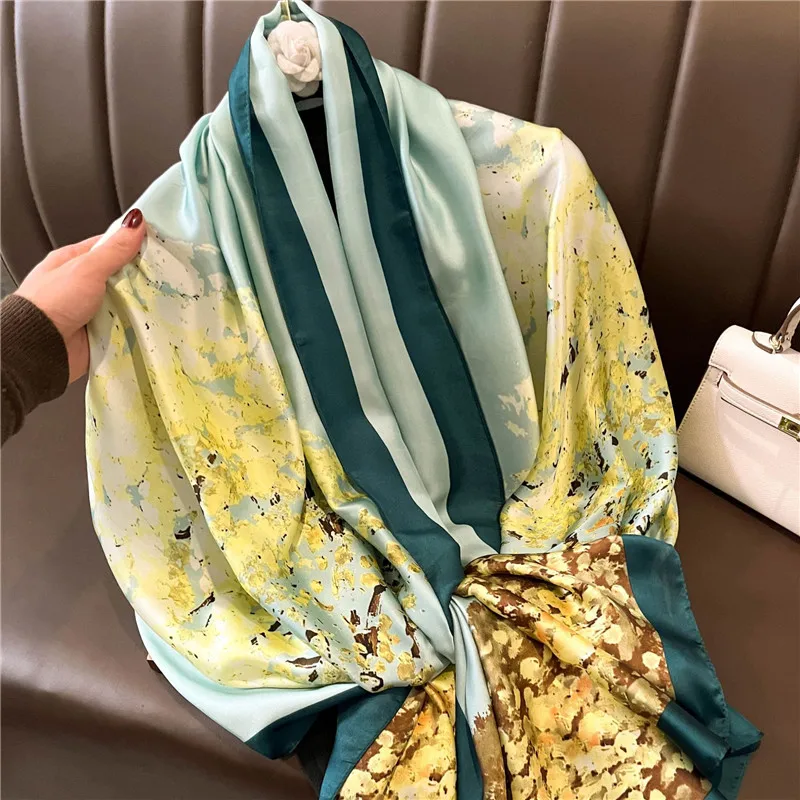 2022 Fashion Brand Women Silk Scarf Luxury Dark Green Aztec Floral Pashmina Shawls Wrap Soft Foulard Femme Muslim Hijab 180*90Cm
