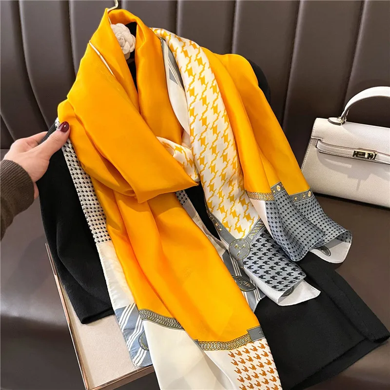 2022 Fashion Brand Women Silk Scarf Luxury Dark Green Aztec Floral Pashmina Shawls Wrap Soft Foulard Femme Muslim Hijab 180*90Cm