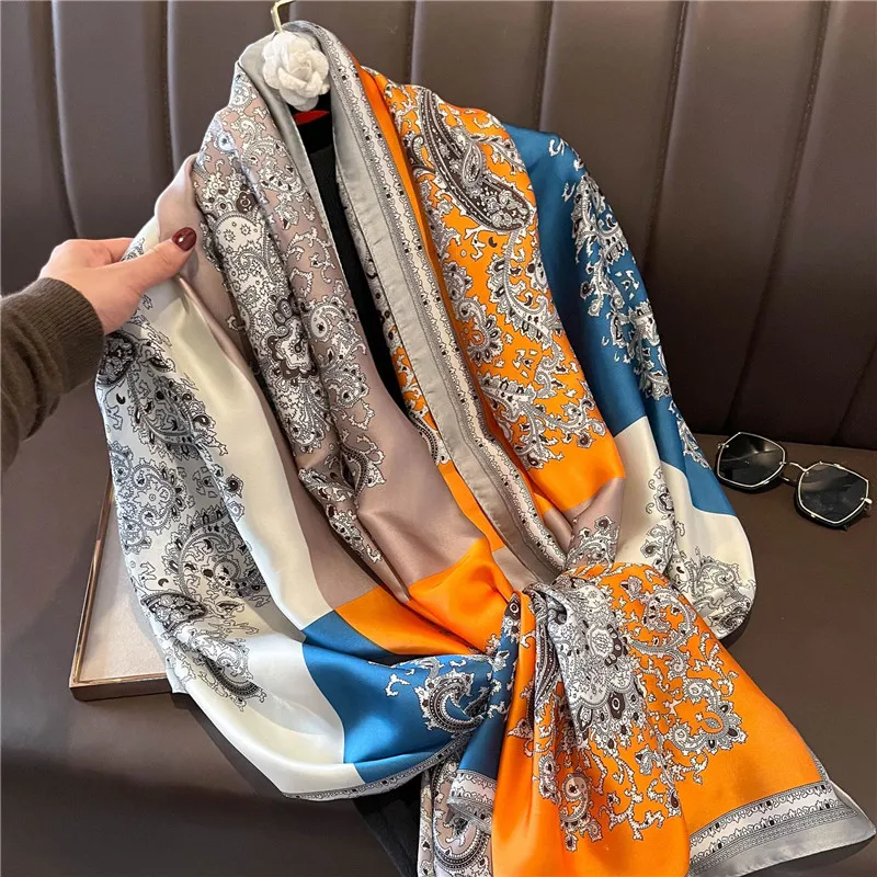 2022 Fashion Brand Women Silk Scarf Luxury Dark Green Aztec Floral Pashmina Shawls Wrap Soft Foulard Femme Muslim Hijab 180*90Cm