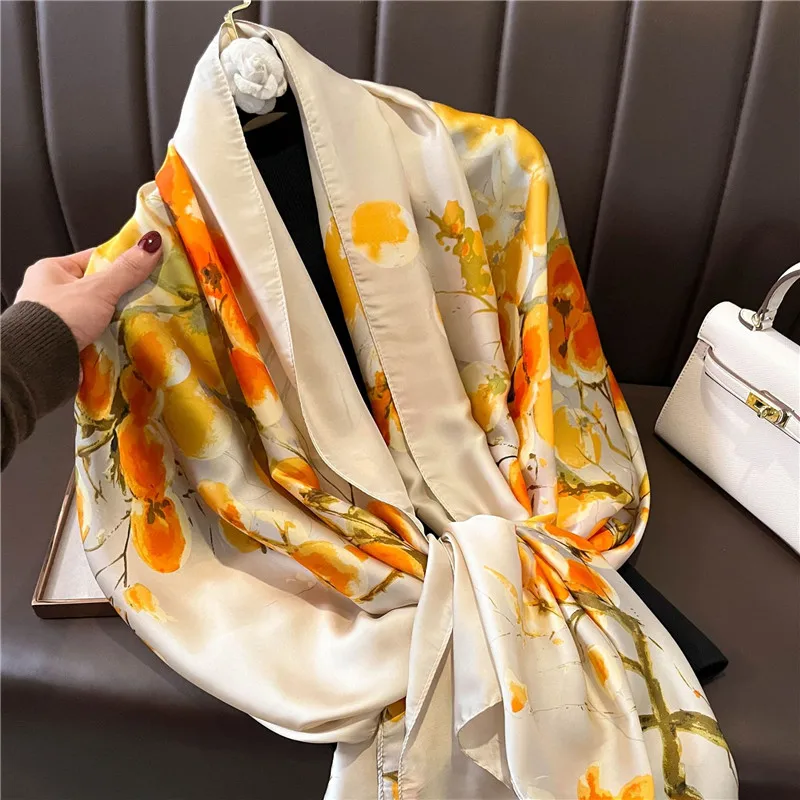 2022 Fashion Brand Women Silk Scarf Luxury Dark Green Aztec Floral Pashmina Shawls Wrap Soft Foulard Femme Muslim Hijab 180*90Cm