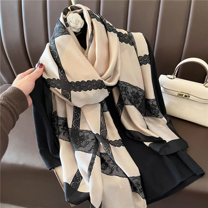 2022 Fashion Brand Women Silk Scarf Luxury Dark Green Aztec Floral Pashmina Shawls Wrap Soft Foulard Femme Muslim Hijab 180*90Cm