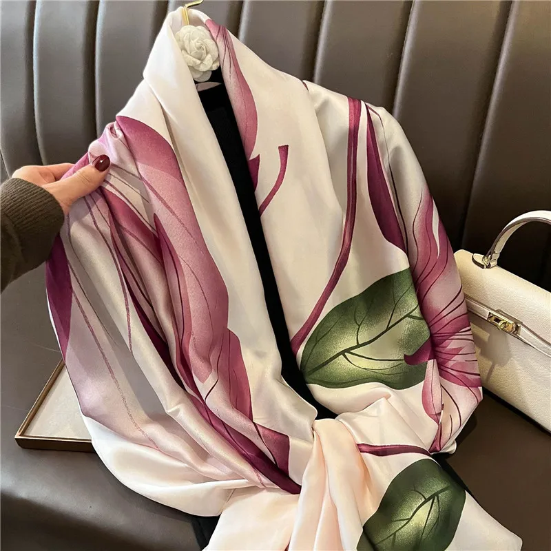 2022 Fashion Brand Women Silk Scarf Luxury Dark Green Aztec Floral Pashmina Shawls Wrap Soft Foulard Femme Muslim Hijab 180*90Cm